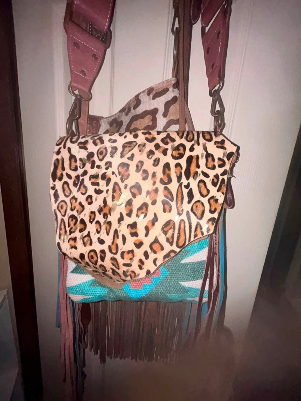 a Myra Bag Western Aztec & Leopard Print Crossbody Bag